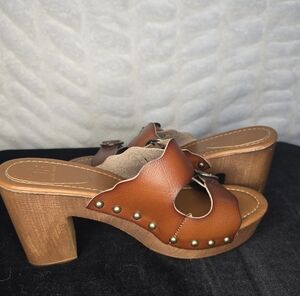JustFab Tan Leather Mules with Stud Accents